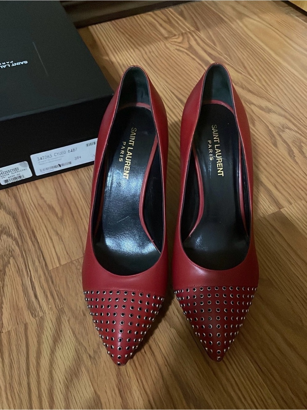Saint Laurent Red Pointed-Toe Studded Pumps EU 39.5